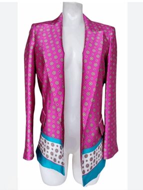 Zara Open Front Printed Fushia Pink Satin Blazer Jacket S